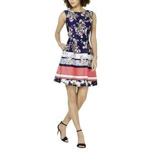 TAYLOR Pleated Pocket Floral Border Navy Coral Office Party Scuba Knit Dress